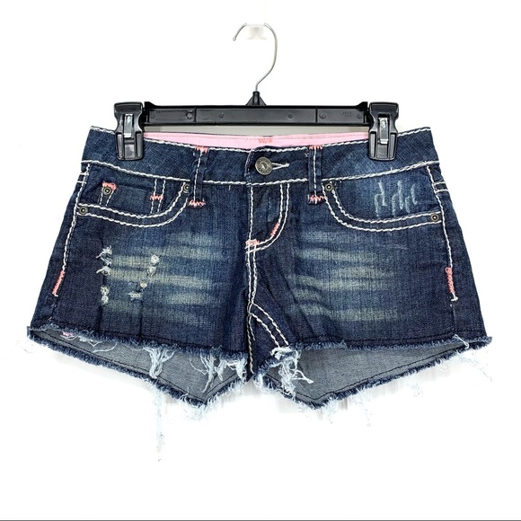 BONGO Pants - Bongo Denim Blue Pink Distressed Fray Jean Shorts